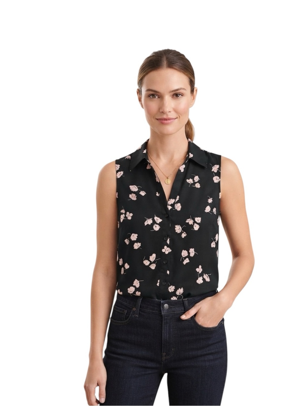 Ann Taylor Sleeveless Navy Blue Floral Button-Front Sleeveless Blouse Size Med T